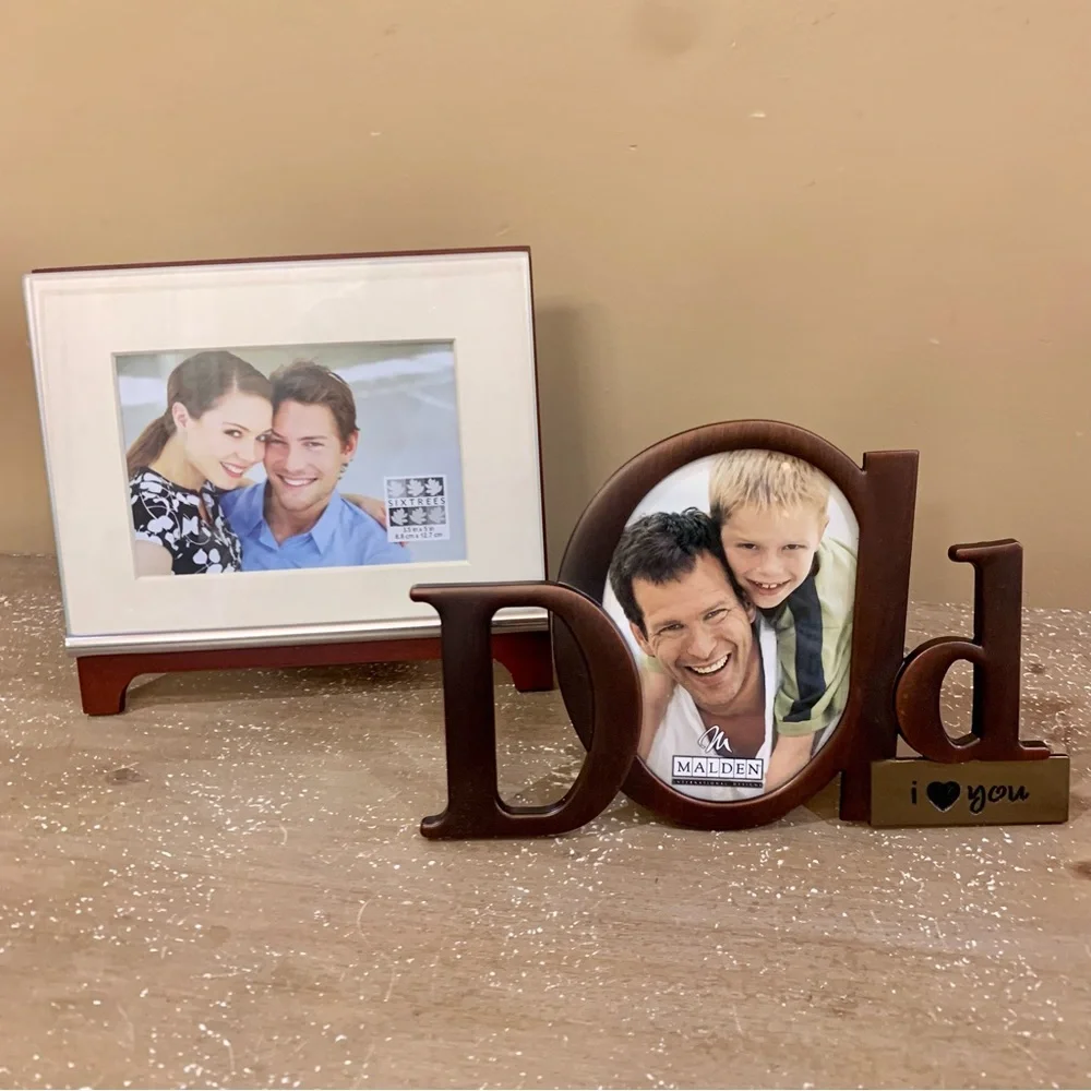 Malden Dad Bronze Casted Metal Frame + Sixtrees Walnut-Brown Wood Easel Frame